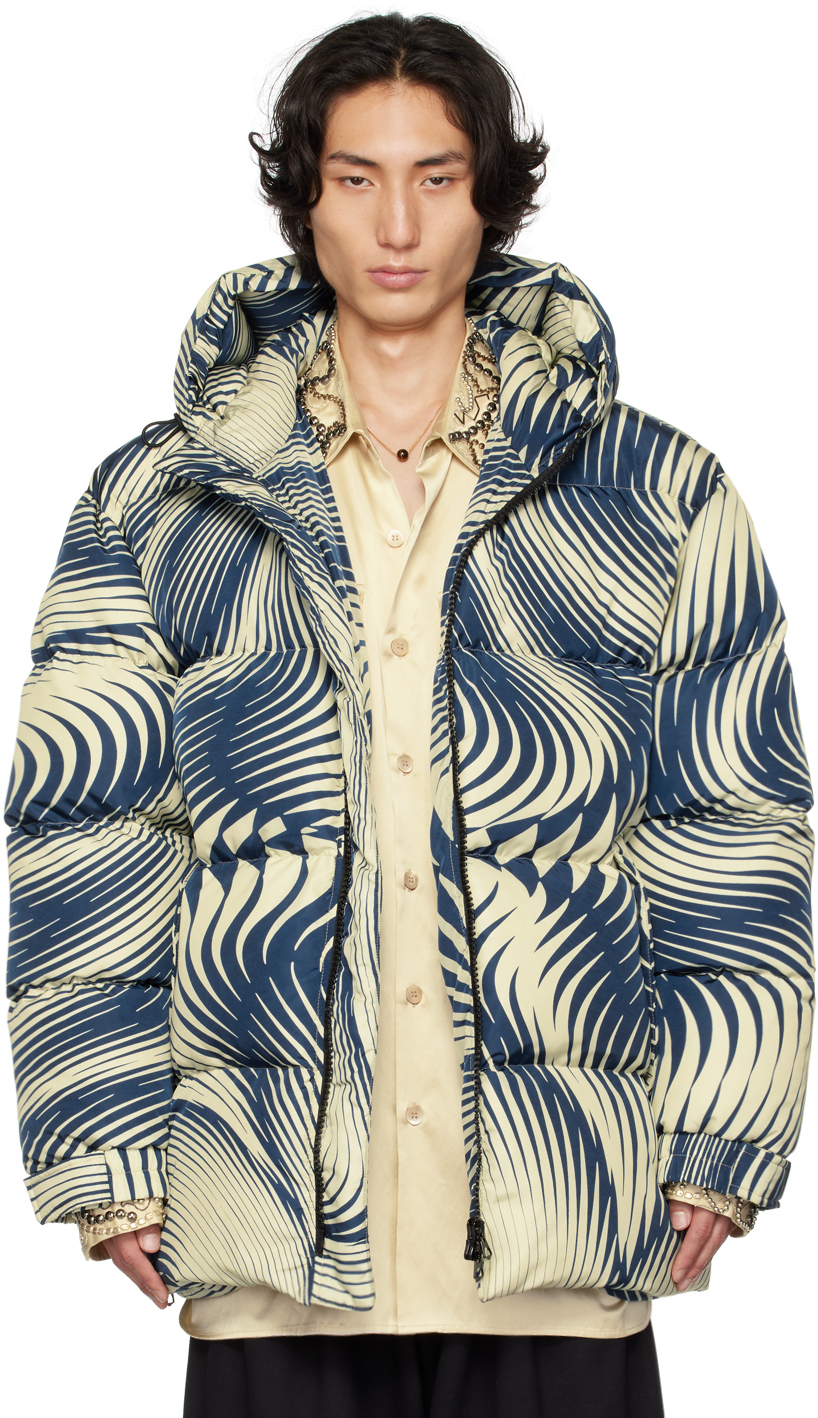 Blue & Off-White Quilted Jacket by Dries Van Noten on Sale