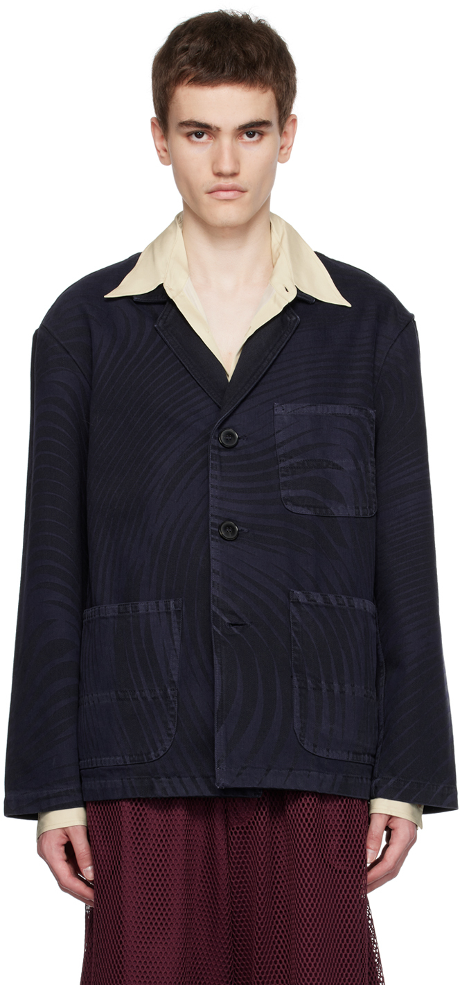 Dries Van Noten: Navy Printed Blazer | SSENSE Canada