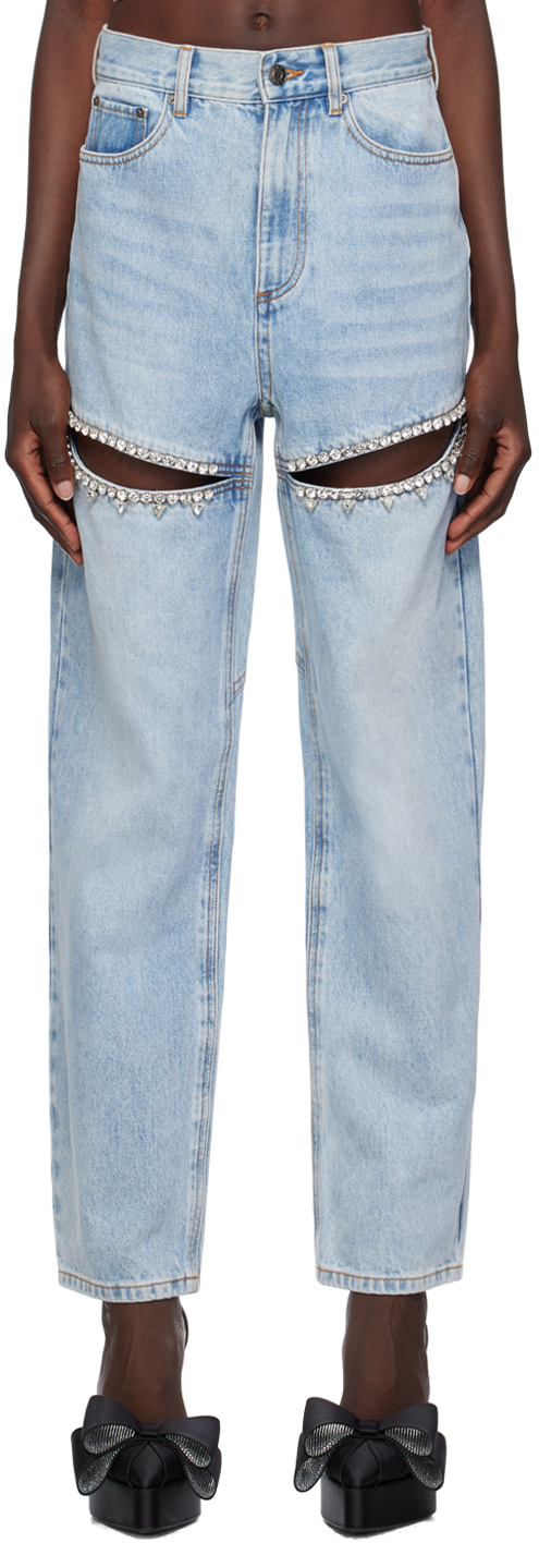 AREA: Blue Crystal Slit Jeans | SSENSE Canada