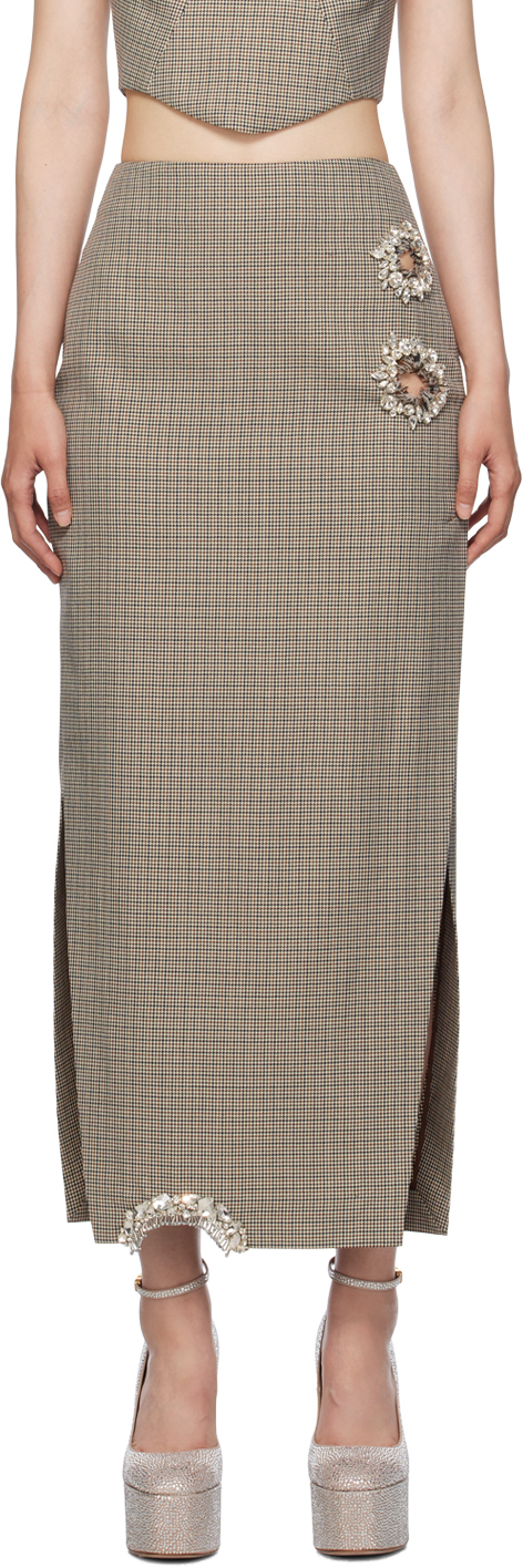 Brown Distressed Crystal Midi Skirt