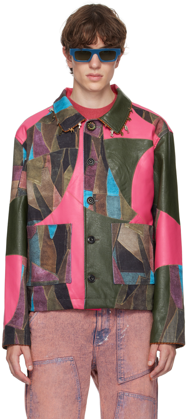 Andersson Bell: Pink & Khaki Trompe L'Oeil Faux-Leather Jacket | SSENSE UK