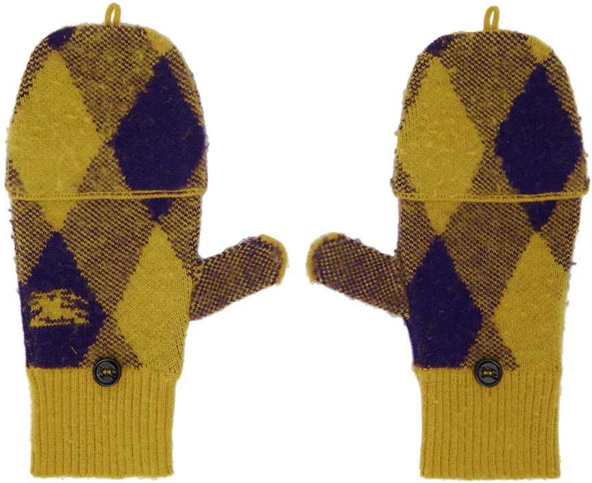 Yellow & Purple Argyle Wool Mittens