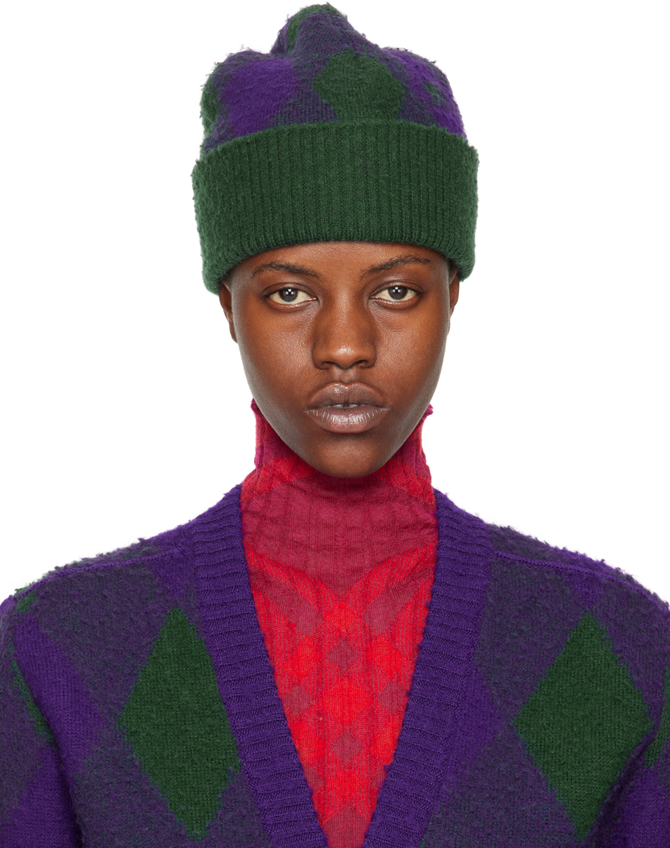 Burberry Green & Purple Argyle Beanie In Royal Ip Check