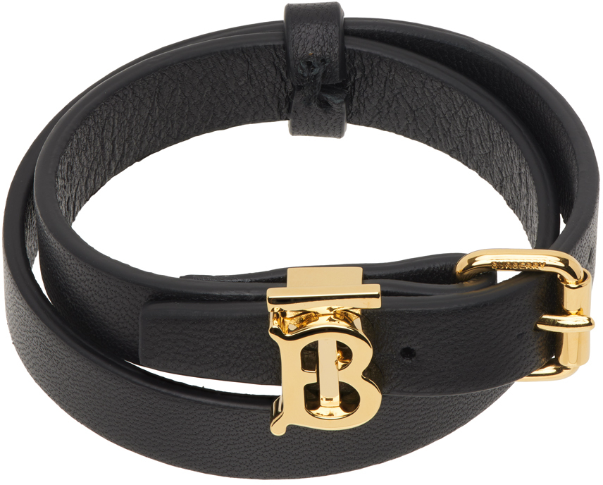 Burberry Tb Double Wrap Leather Bracelet In Black/light Gold