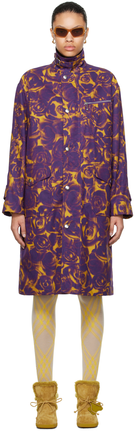 Shop Burberry Purple & Yellow Rose Print Coat In Pear Ip Pattern