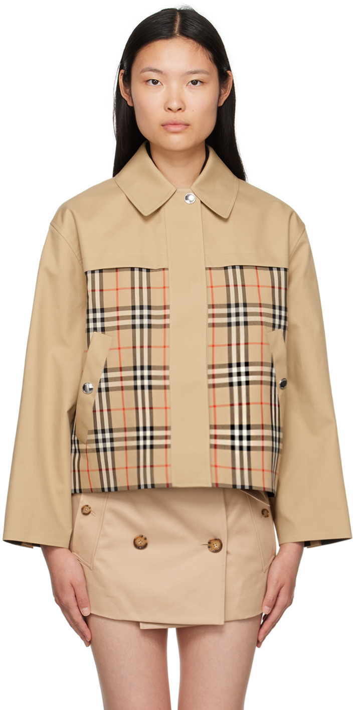 Shop Burberry Tan Check Panel Jacket In Honey/ab Ip Check