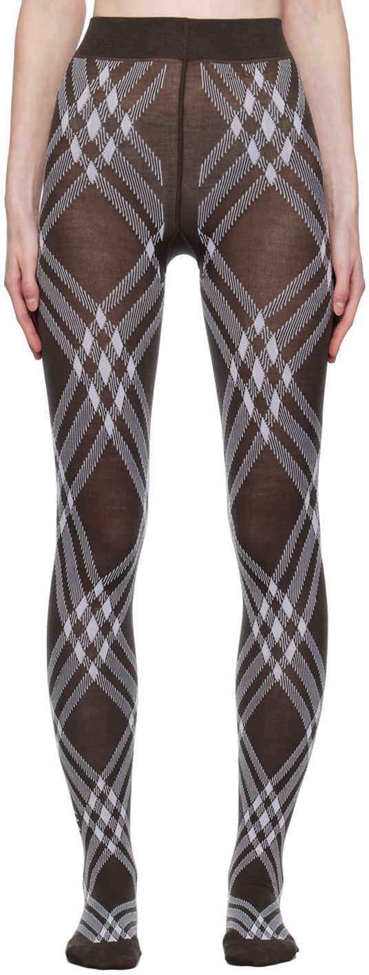Shop Burberry Brown & White Check Tights In Otter + White