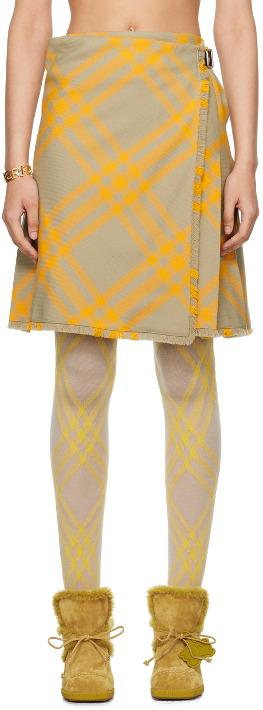 Shop Burberry Yellow & Beige Check Midi Skirt In Hunter Ip Check