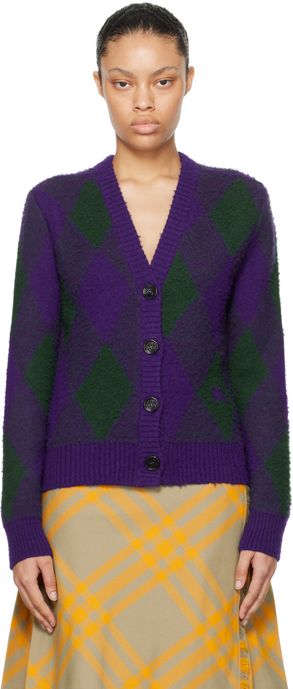 Burberry: Purple & Green Argyle Cardigan | SSENSE