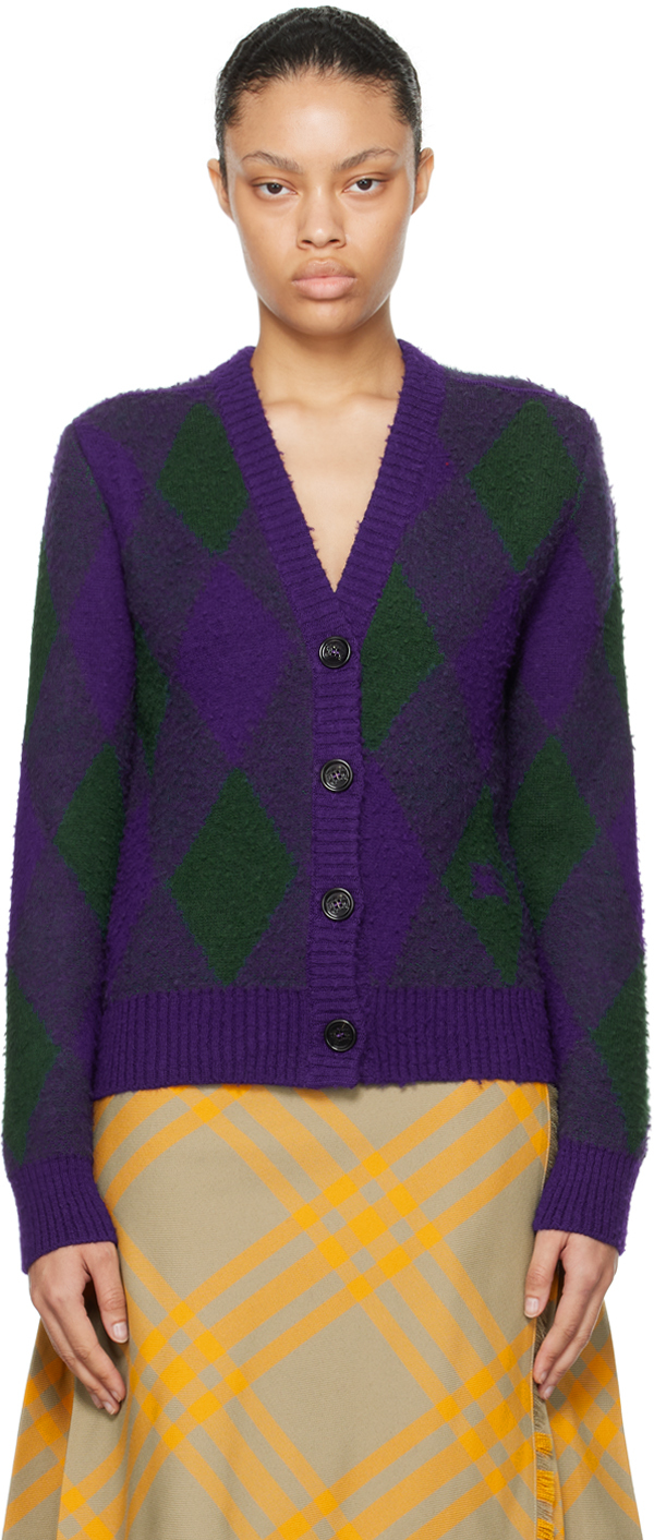 Shop Burberry Purple & Green Argyle Cardigan In Royal Ip Pattern