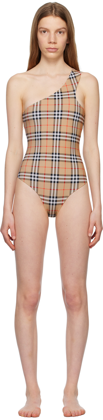 Shop Burberry Beige Check Swimsuit In Archive Beige Ip Chk
