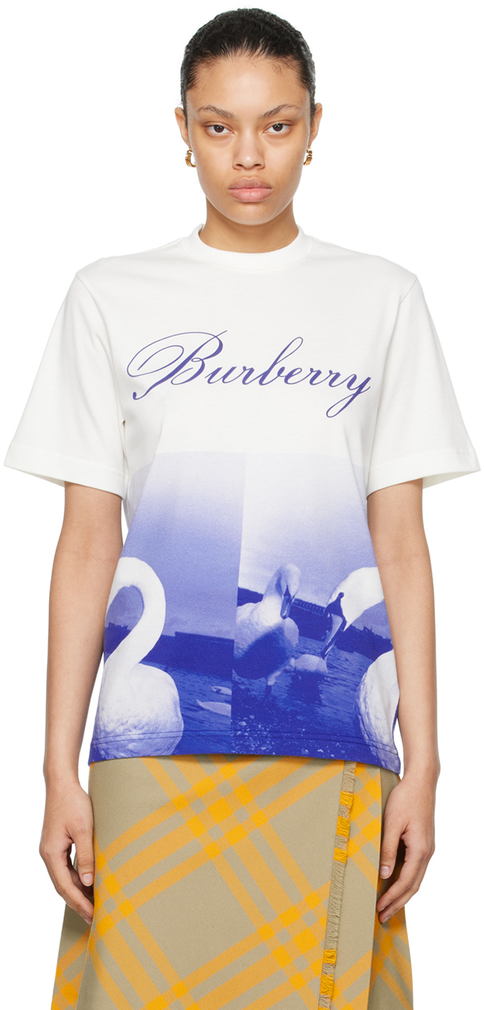 Shop Burberry White & Blue Swan T-shirt In Knight