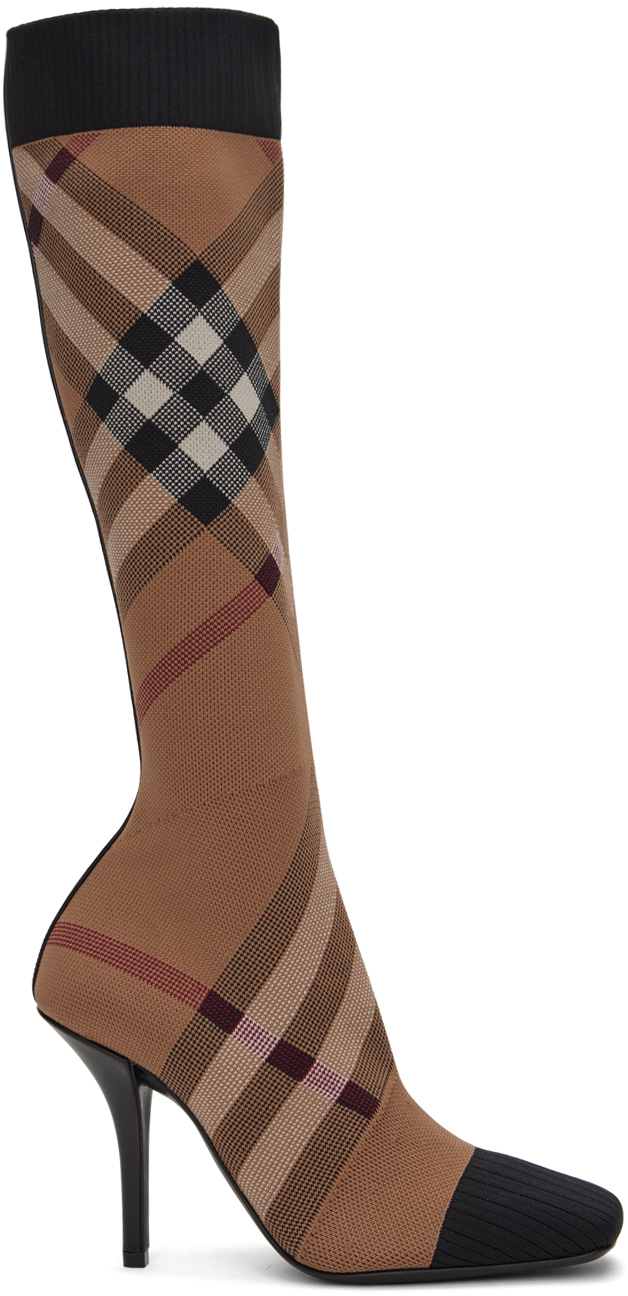 Shop Burberry Beige Check Boots In Birch Brown Ip Chk