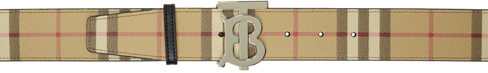 Shop Burberry Reversible Beige & Black Check Tb Belt In Archive Beige/silver