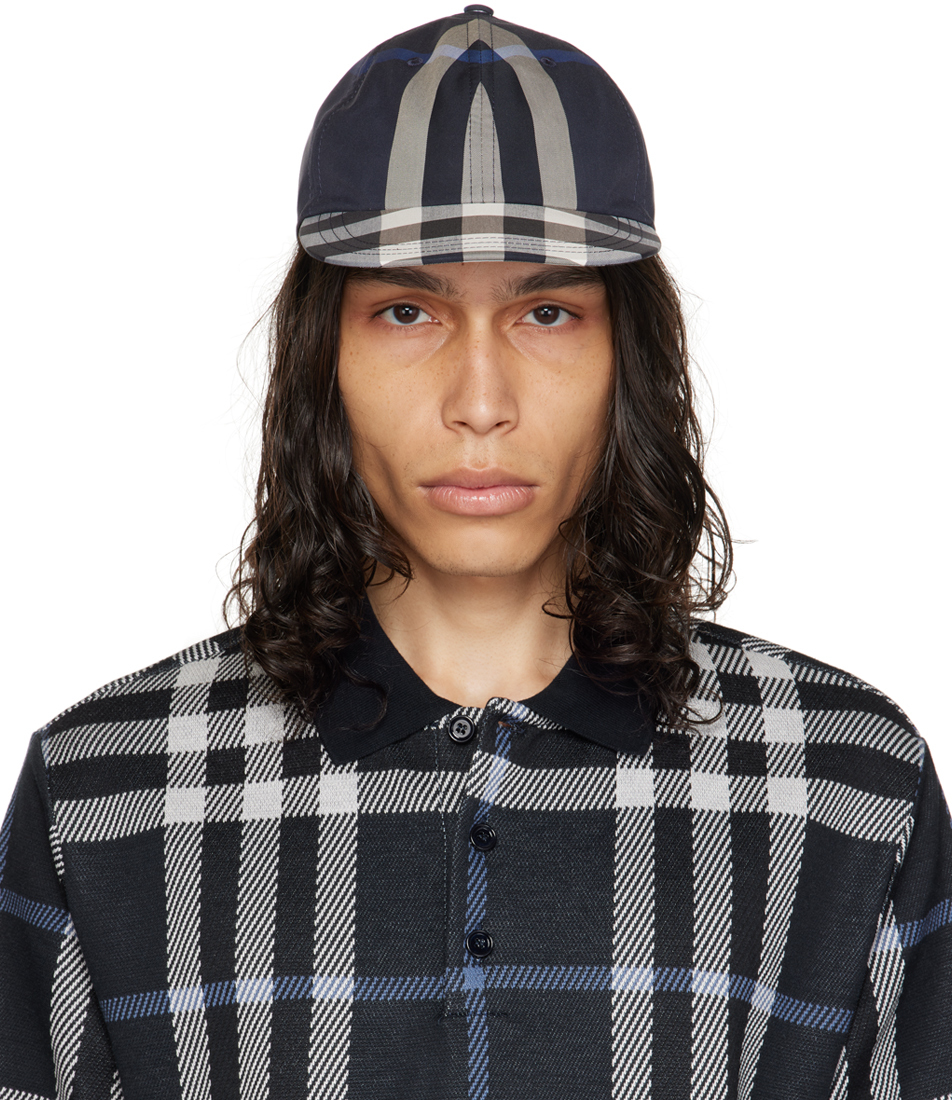 Shop Burberry Navy Check Cap In Dark Charcoal Blue