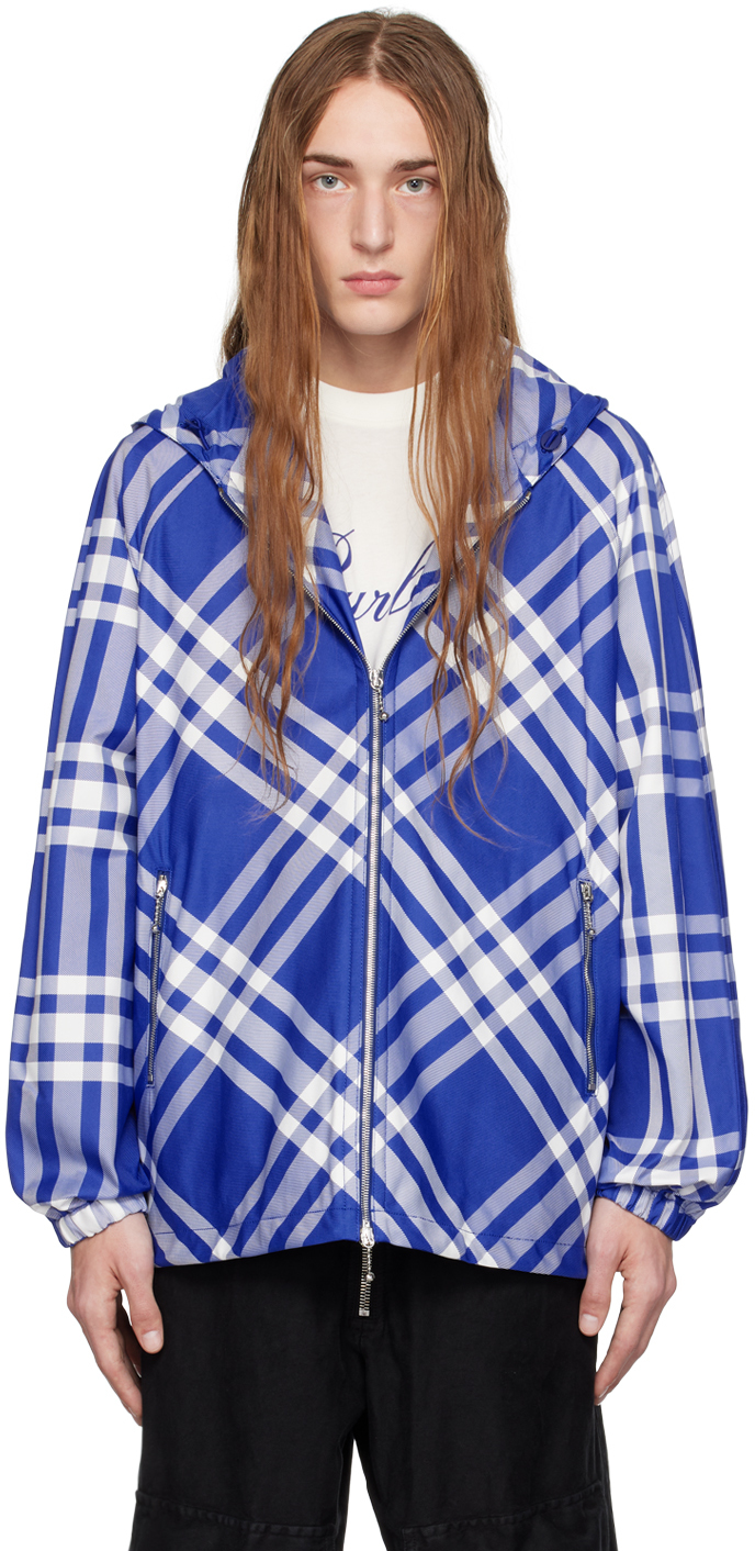 Shop Burberry White & Blue Check Jacket In Knight Ip Check