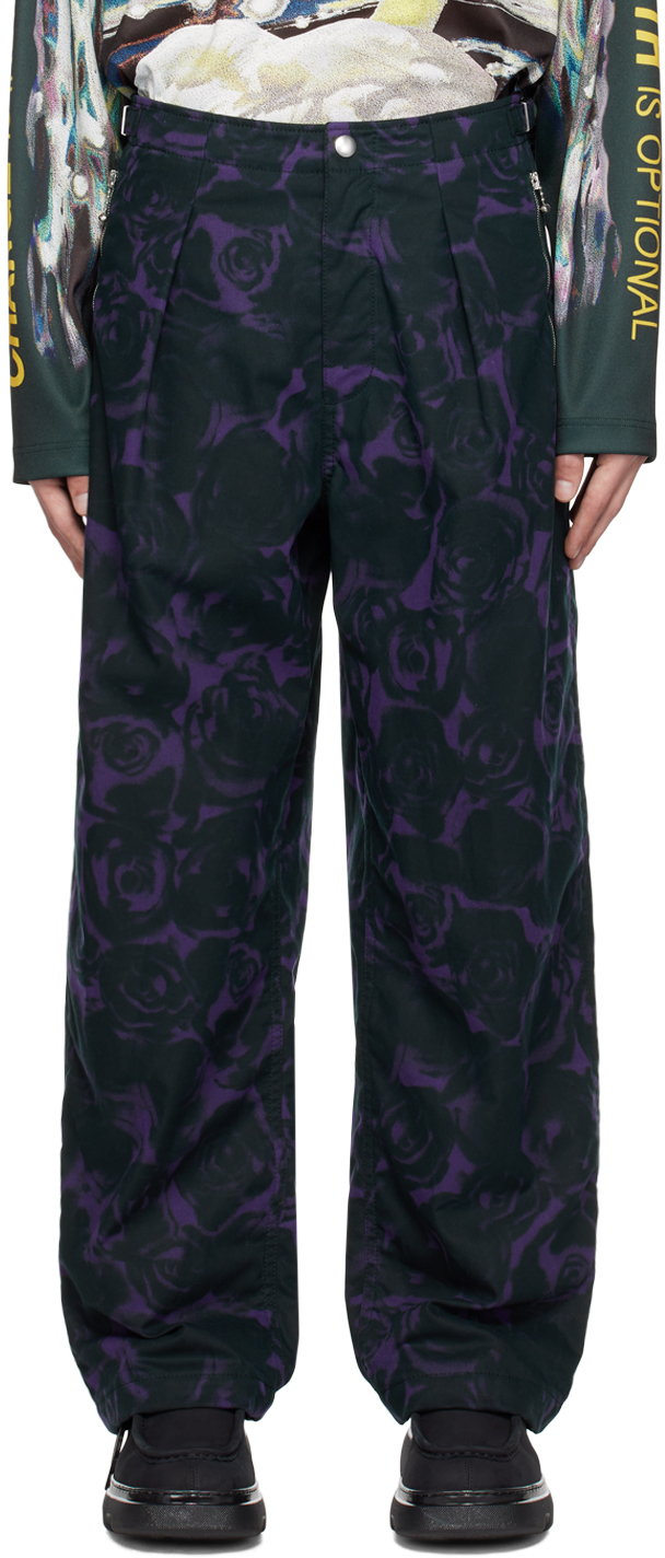 Shop Burberry Purple & Green Rose Print Trousers In Vine Ip Pattern