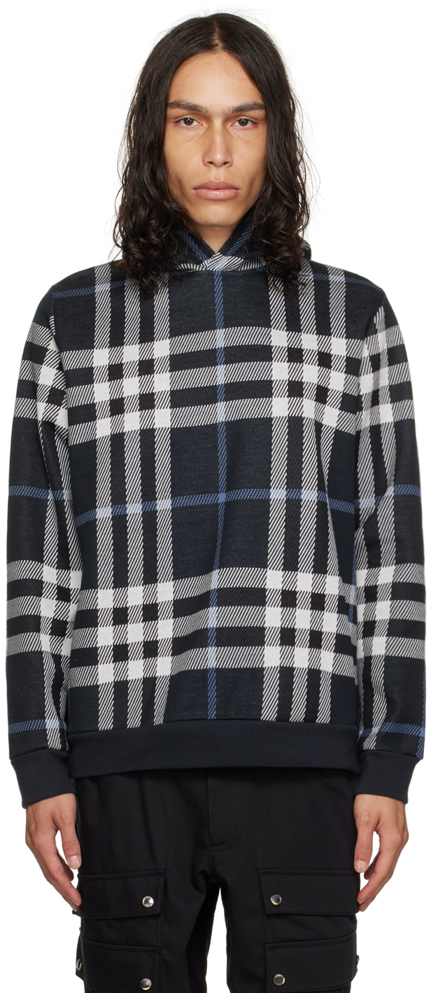 Shop Burberry Navy Check Hoodie In White/dc Blue Ip Chk