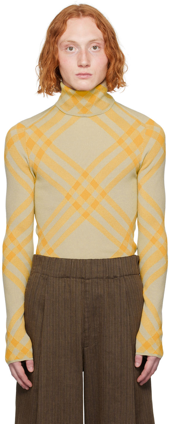 Shop Burberry Yellow & Beige Check Turtleneck In Pear Ip Check