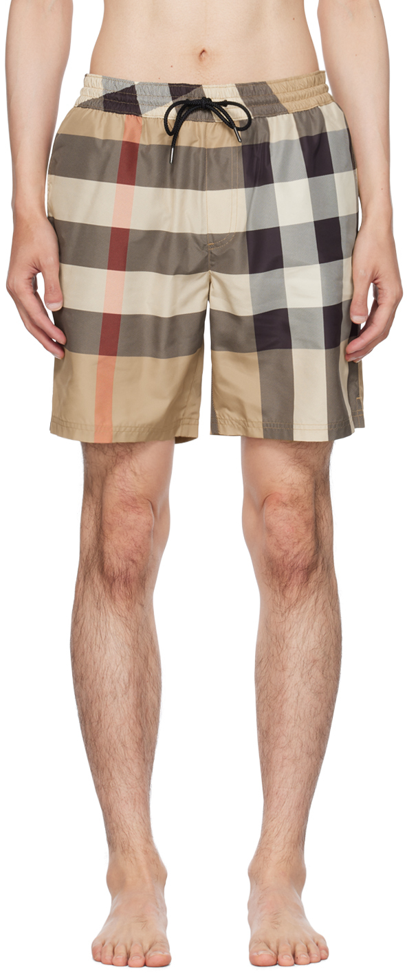 Beige Exaggerated Check Swim Shorts