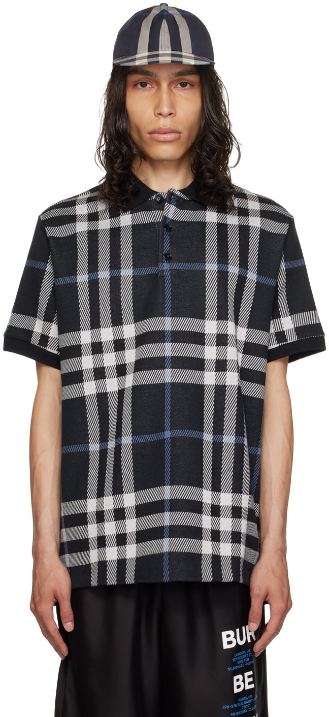 Shop Burberry Navy Check Polo In White/dc Blue Ip Chk
