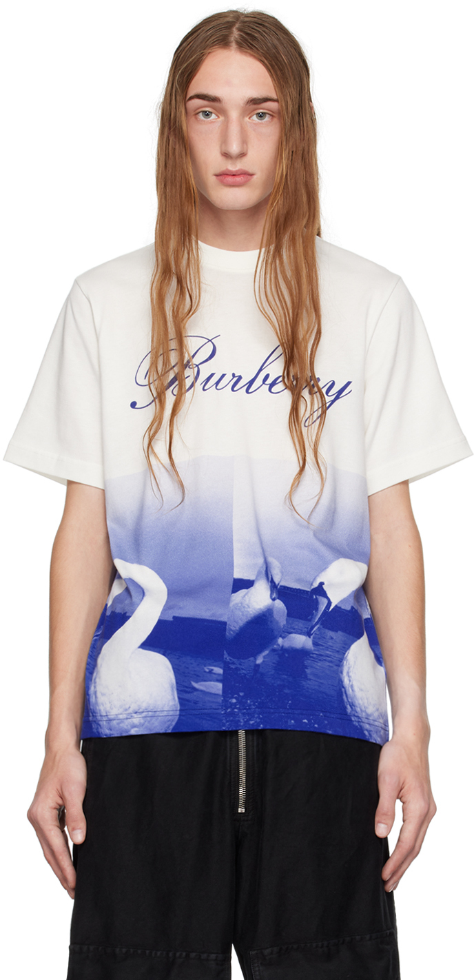 Burberry White & Blue Swan Print T-shirt In Knight