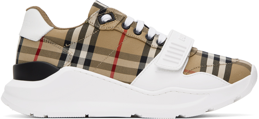 Beige & White Check Sneakers