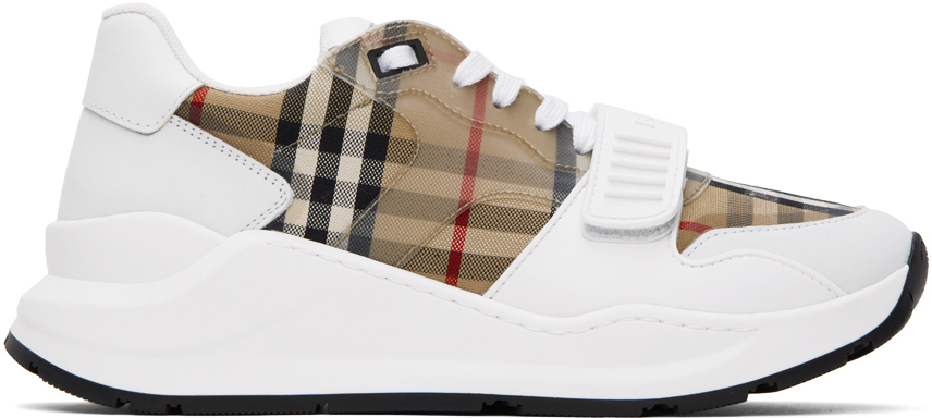 Shop Burberry Tan & White Check Sneakers In White/clear/check
