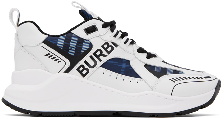 Burberry White & Navy Check Trainers In Black/blue/check