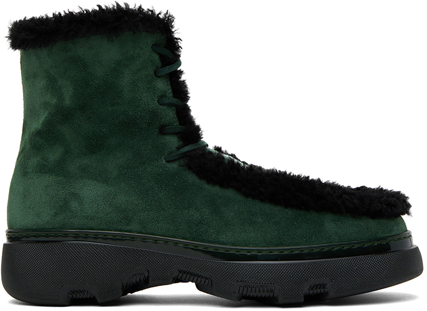 Shop Burberry Green Shearling Creeper Boots In Vine/black