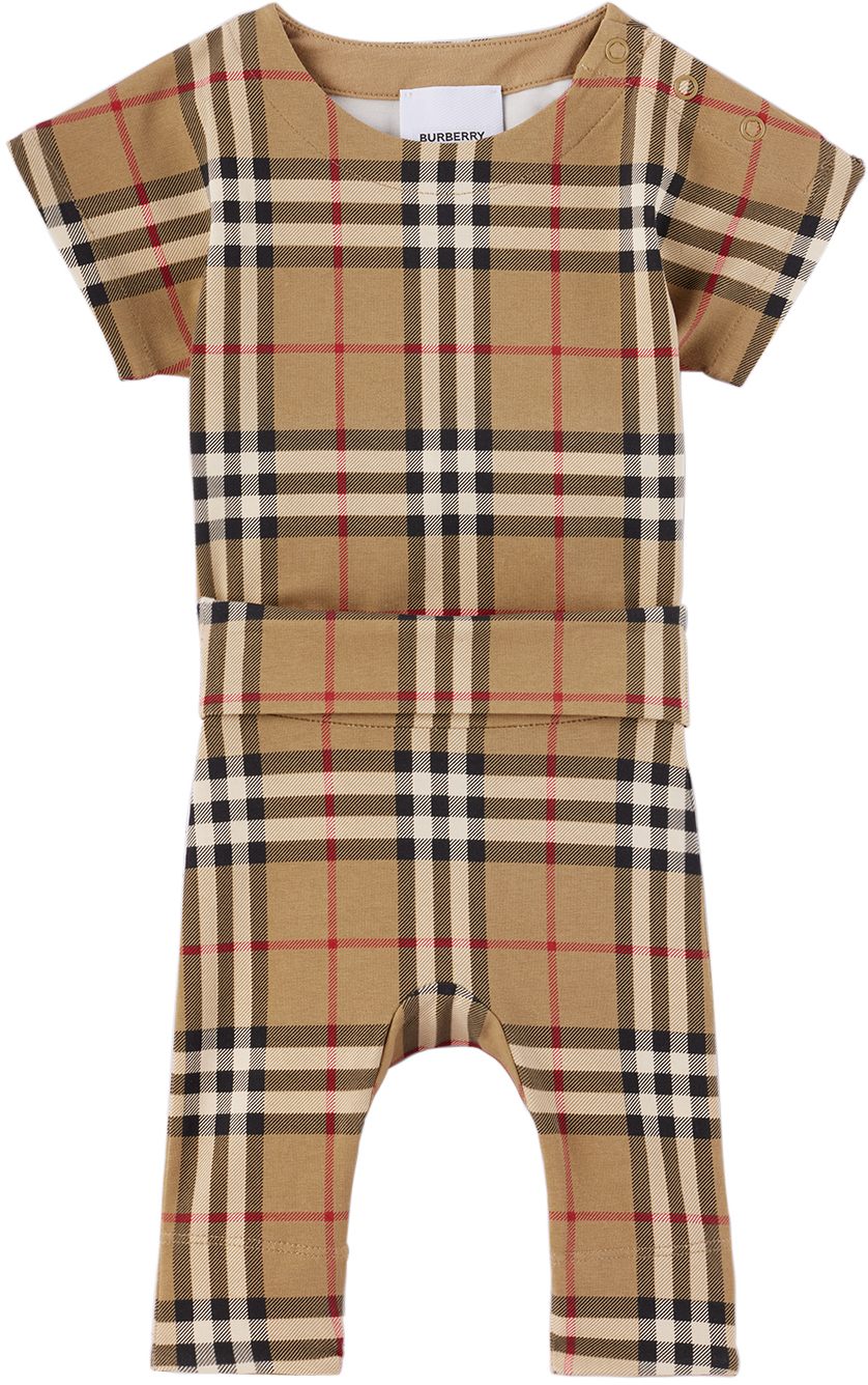 Burberry Babies' Icon Check Print Cotton Bodysuit & Pants In Beige