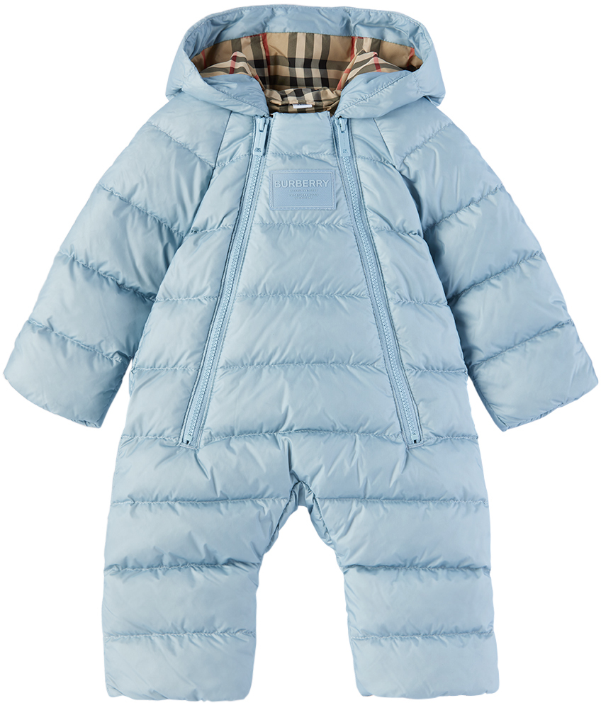 Shop Burberry Baby Blue Hooded Down Snowsuit In Light Grey Blue