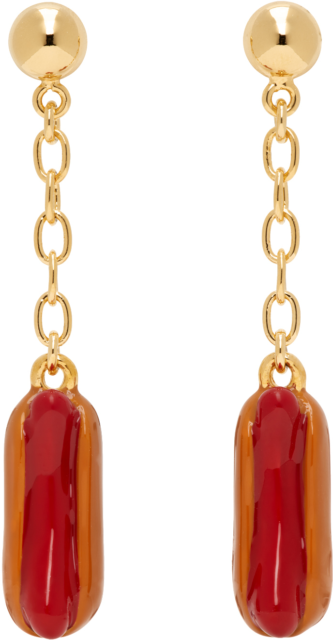 Gold & Orange Enameled Hot Dog Earrings