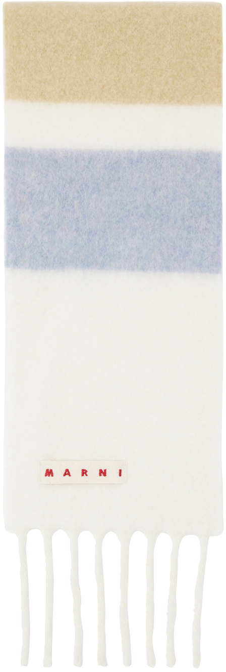 Marni White & Blue Striped Alpaca Scarf In Stw03 White