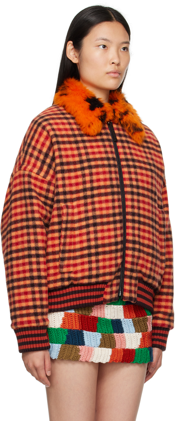 Marni Shearling-trim Checked Bomber Jacket In Chr31 Light Orange