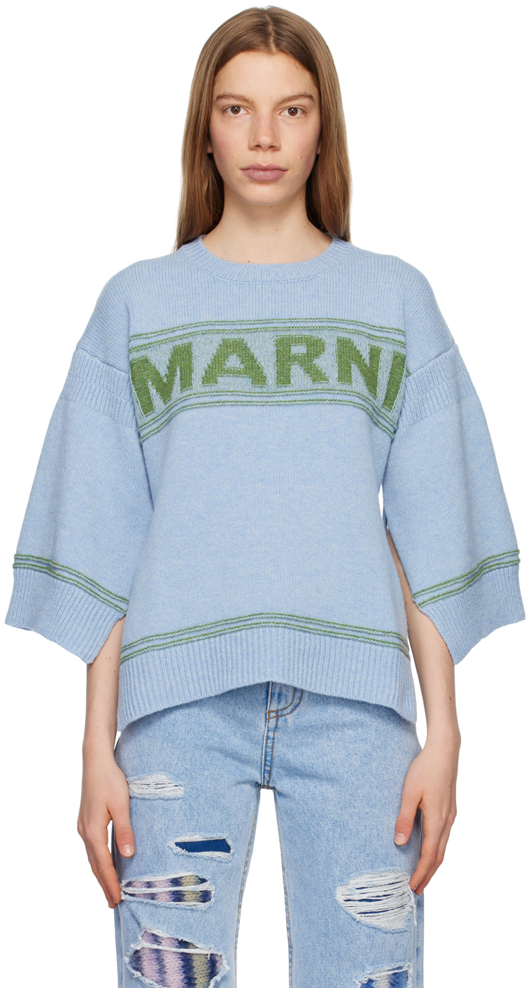 Shop Marni Blue Intarsia Sweater In 00b50 Pale Blue