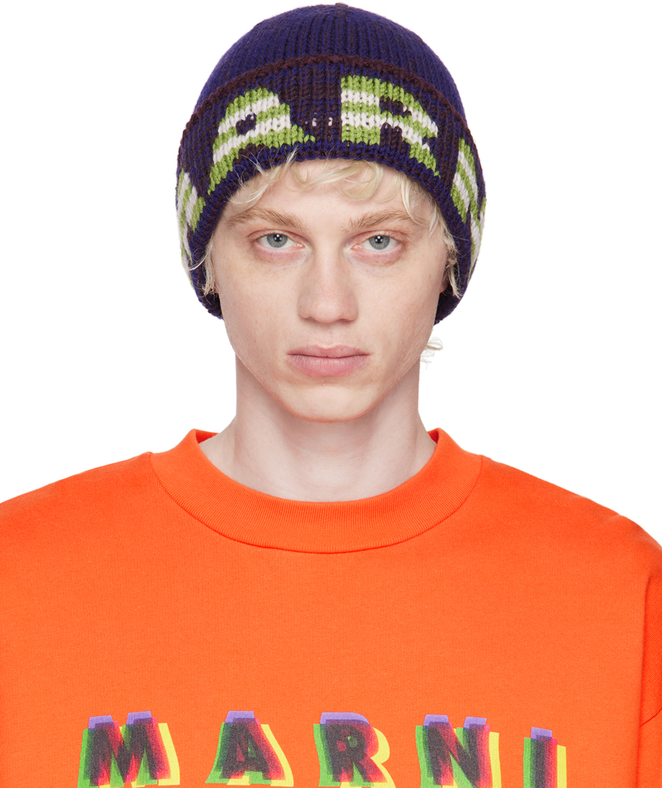 Navy & Brown Jacquard Beanie by Marni on Sale