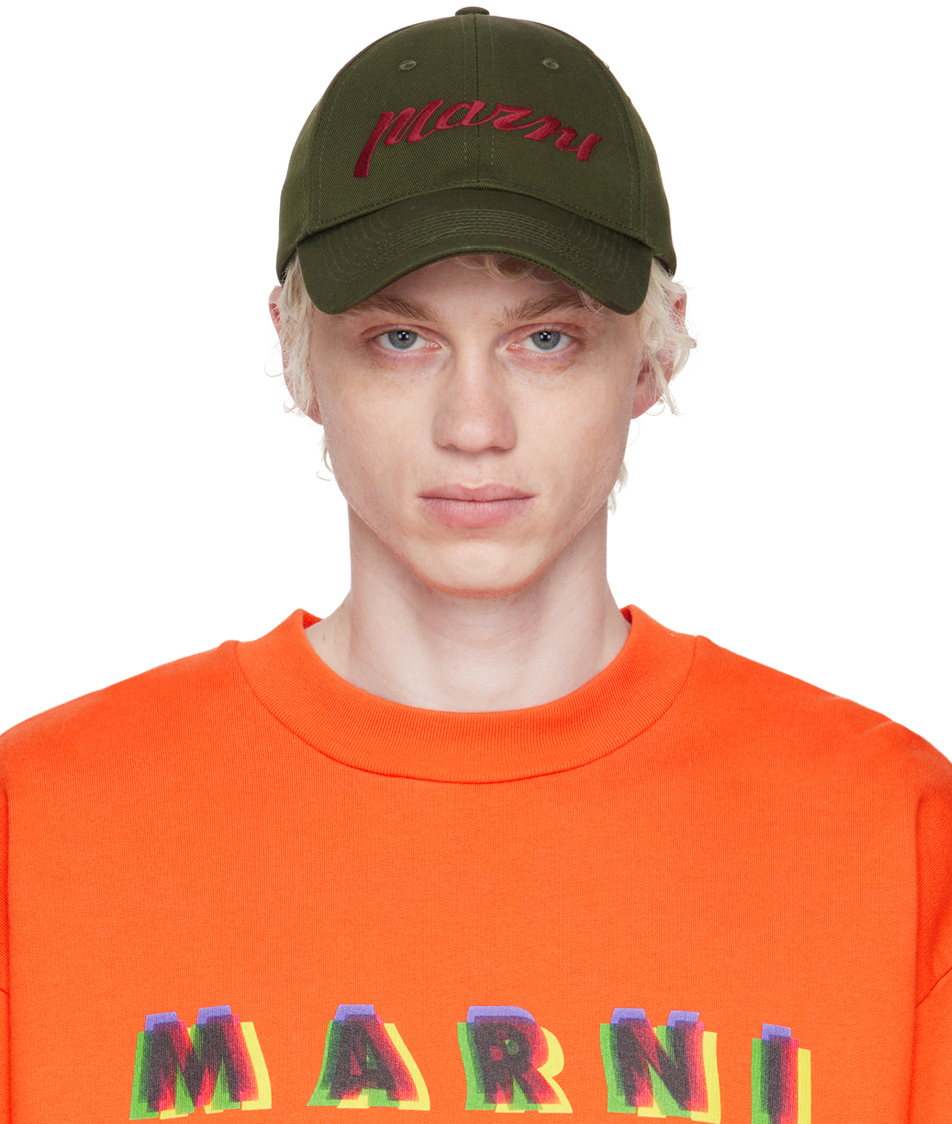 Marni: Khaki Embroidered Cap | SSENSE Canada