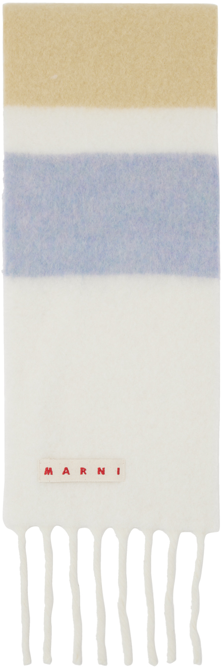 Marni White & Blue Striped Alpaca Scarf In Stw03 Stone White
