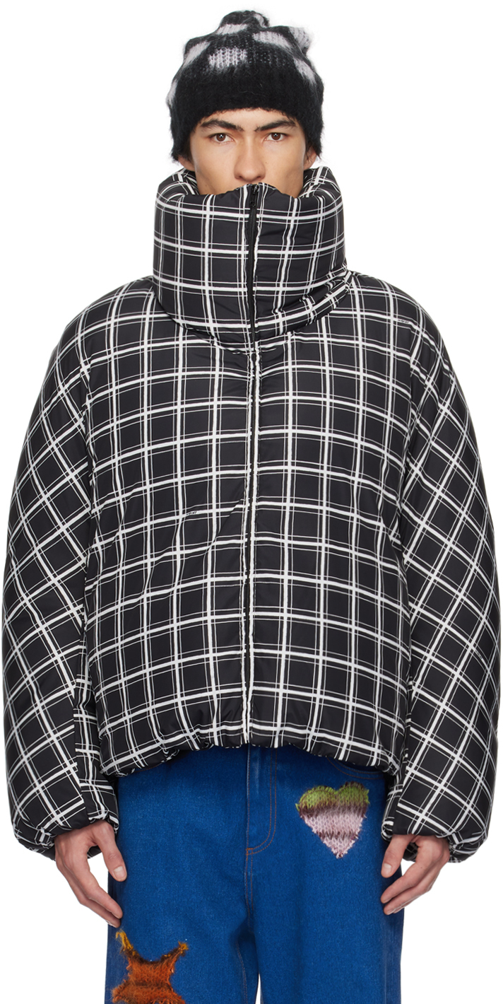 Marni Cropped Puffer Jacket With High Collar And Grid Check Pattern In Multi