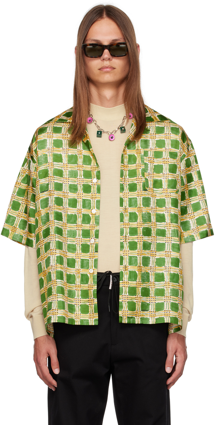 Marni Men's Check Fields Silk Camp Shirt In Cfv33 Primary Green