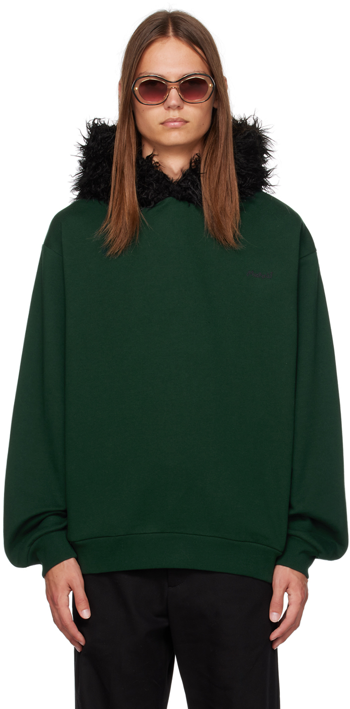 Shop Marni Green Embroidered Faux-fur Hoodie In 00v89 Spherical Gree