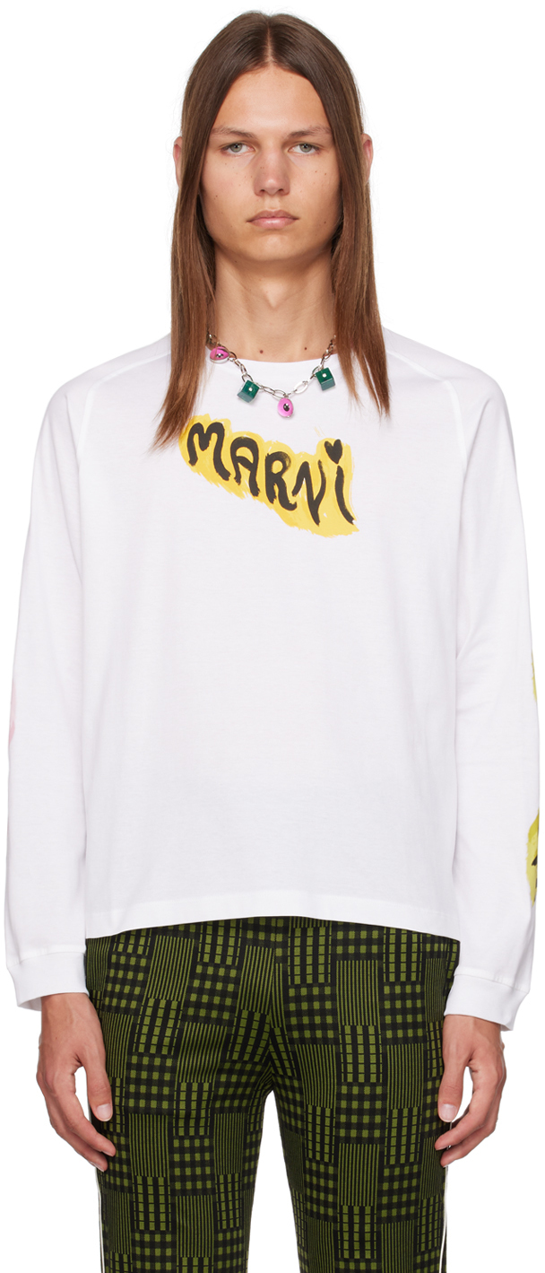 Marni White Graphic Long Sleeve T-shirt In Glw01 Lily White