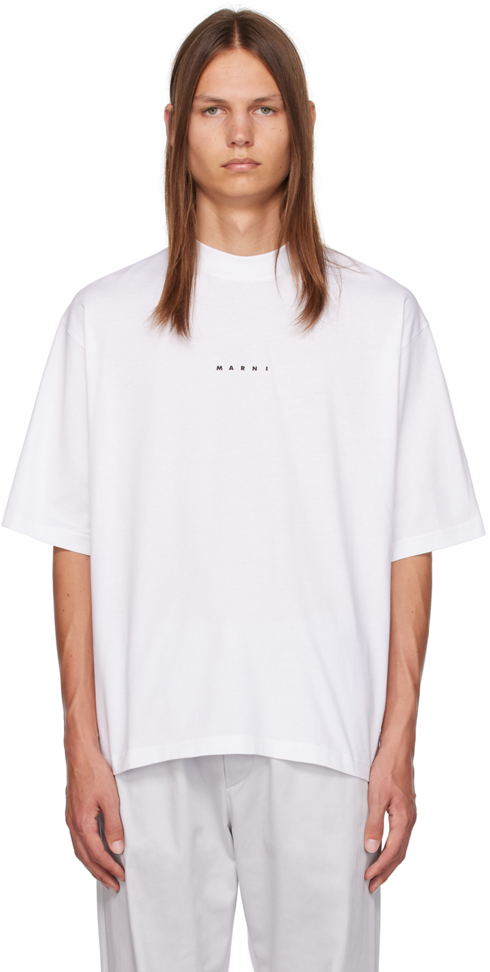 Marni White Cotton T-shirt With Logo Print In Low01 Lily White