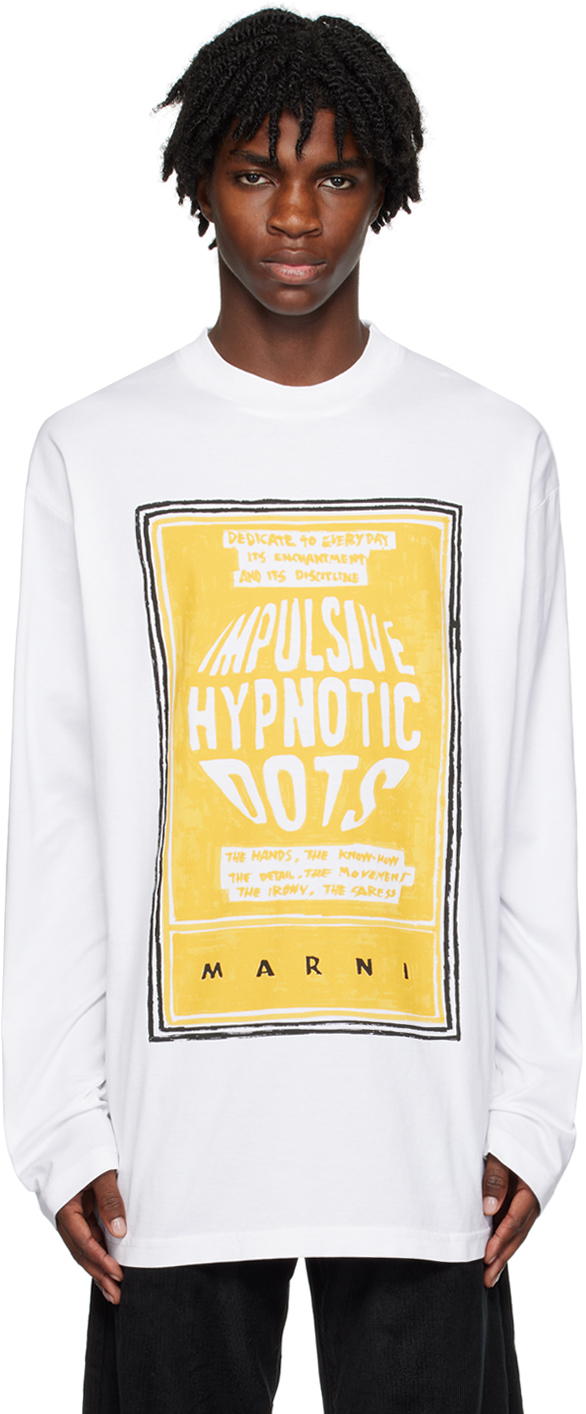 Marni White Printed Long Sleeve T-shirt In Dow01 Lily White