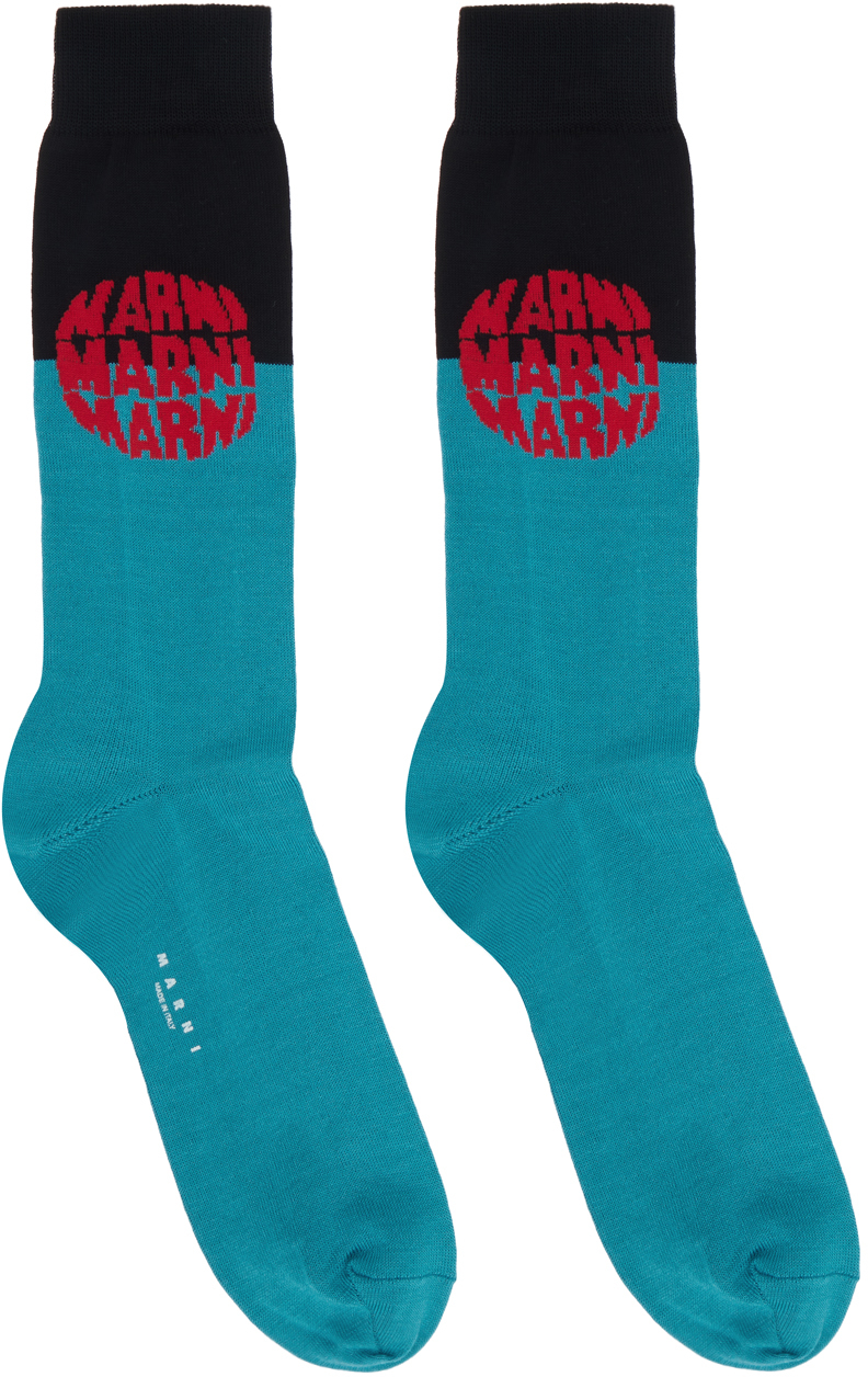 Marni: Black & Blue Dot Logo Socks | SSENSE