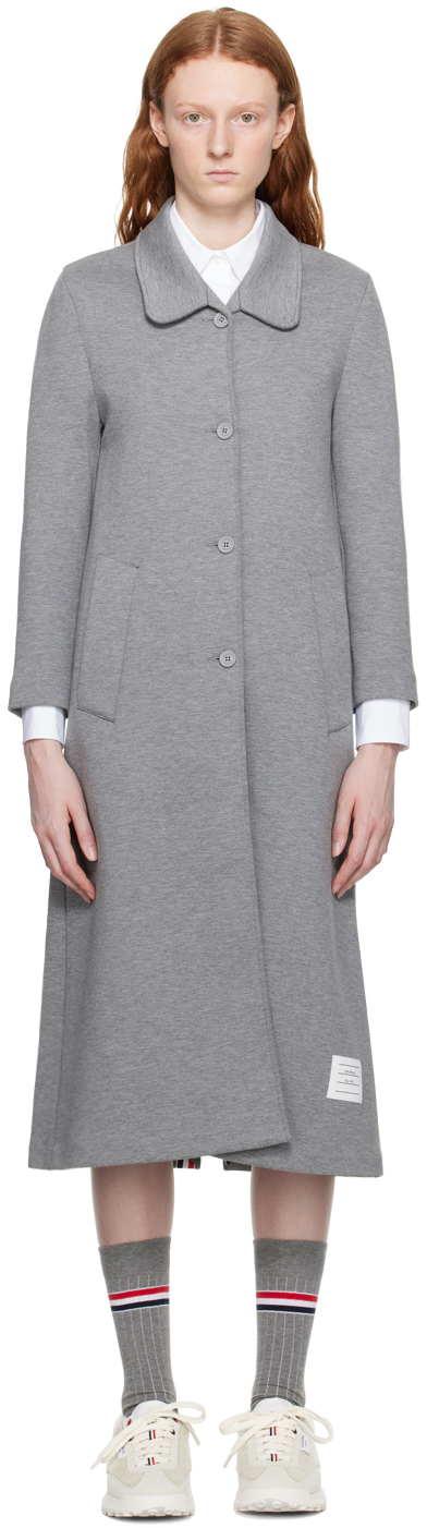 Thom Browne Logo-patch Single-breasted Coat In Grey