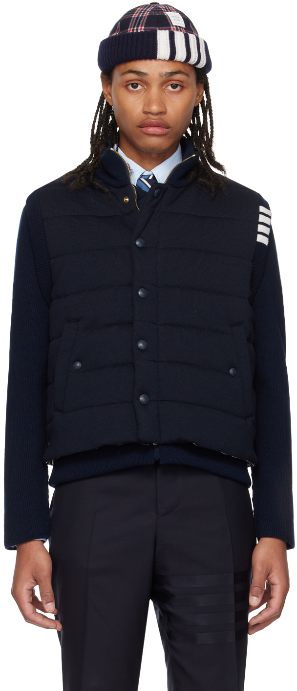 Shop Thom Browne Navy Funnel Neck Reversible Jacket In 415 Navy