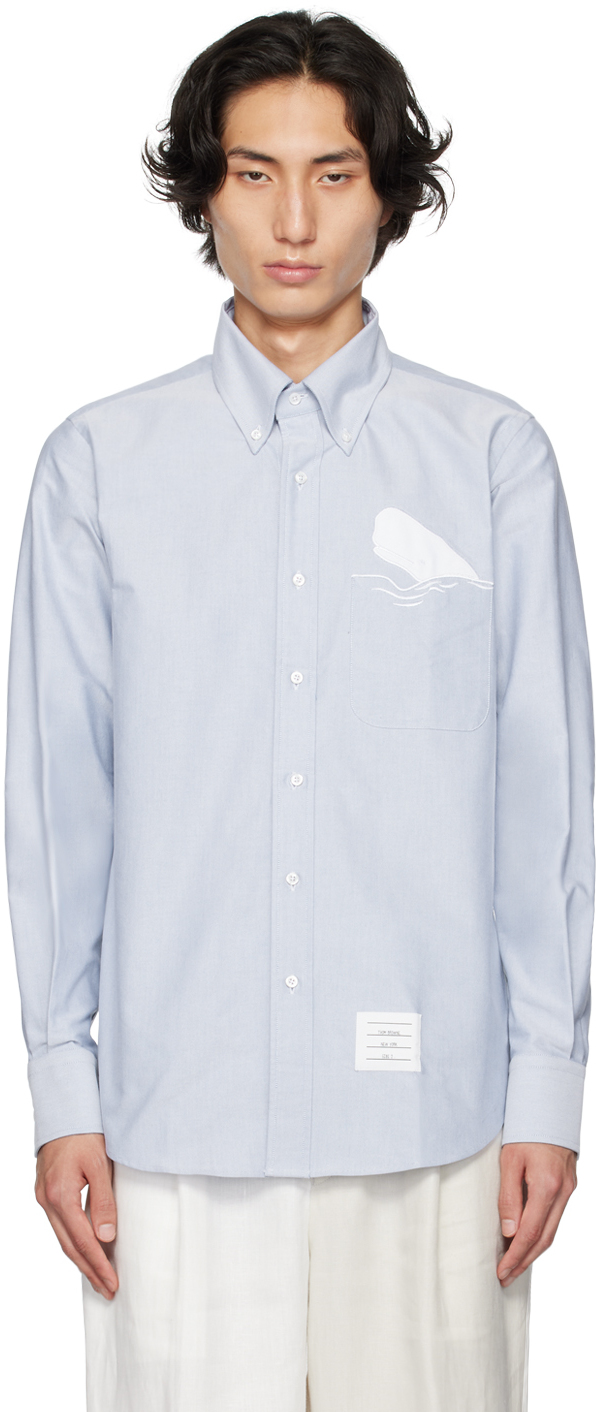 THOM BROWNE BLUE EMBROIDERED WHALE SHIRT