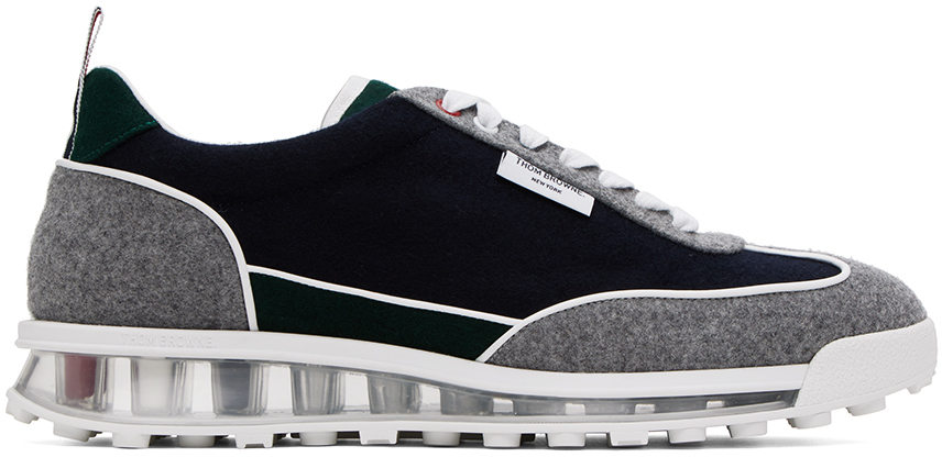 Shop Thom Browne Navy & Gray Tech Runner Sneakers In 311 Green/navy/gray